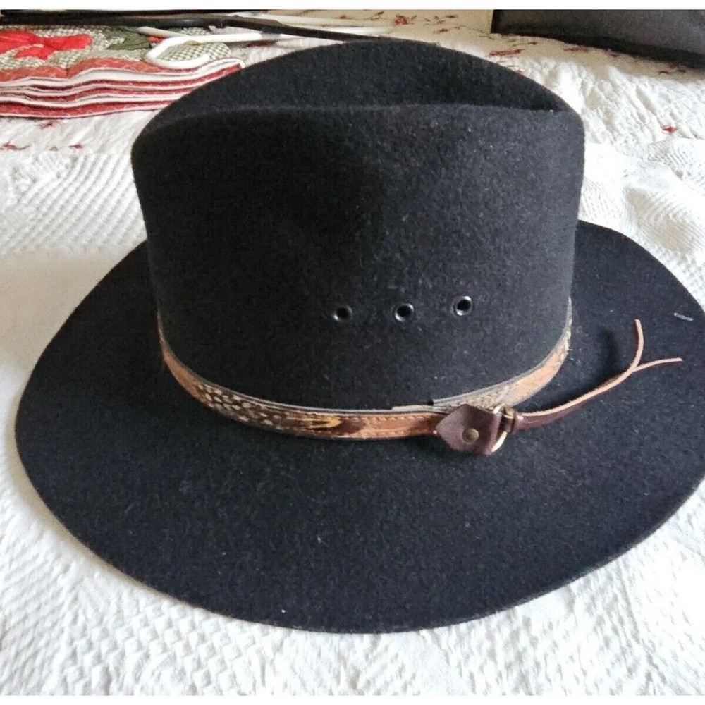 Vintage Double J Black Fur Blend Cowboy Hat Feather Band Trim sz 23